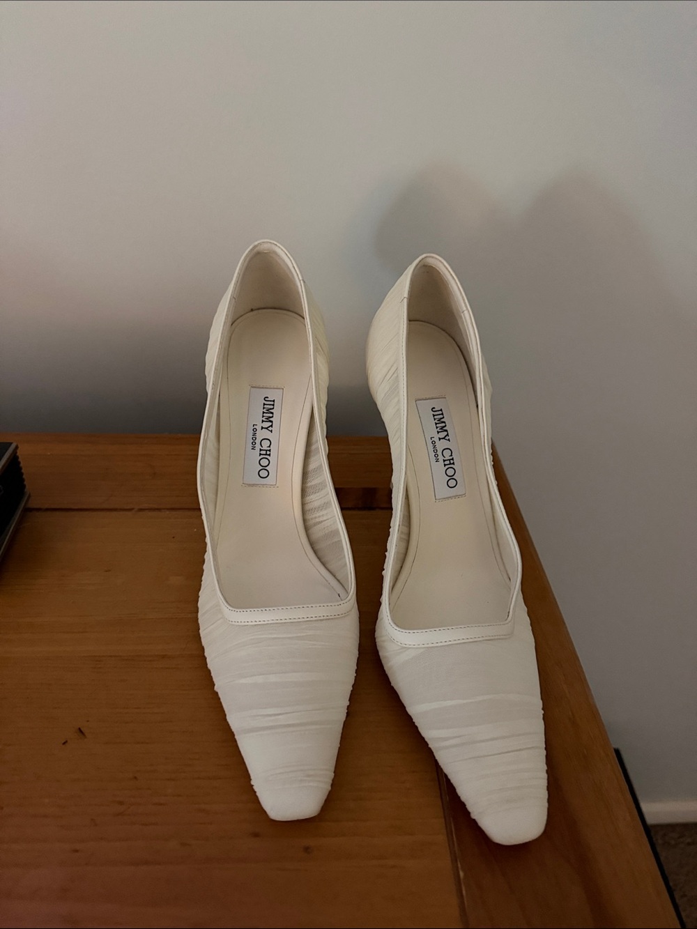 Jimmy Choo Cream Pointed-Toe Ruched Pumps